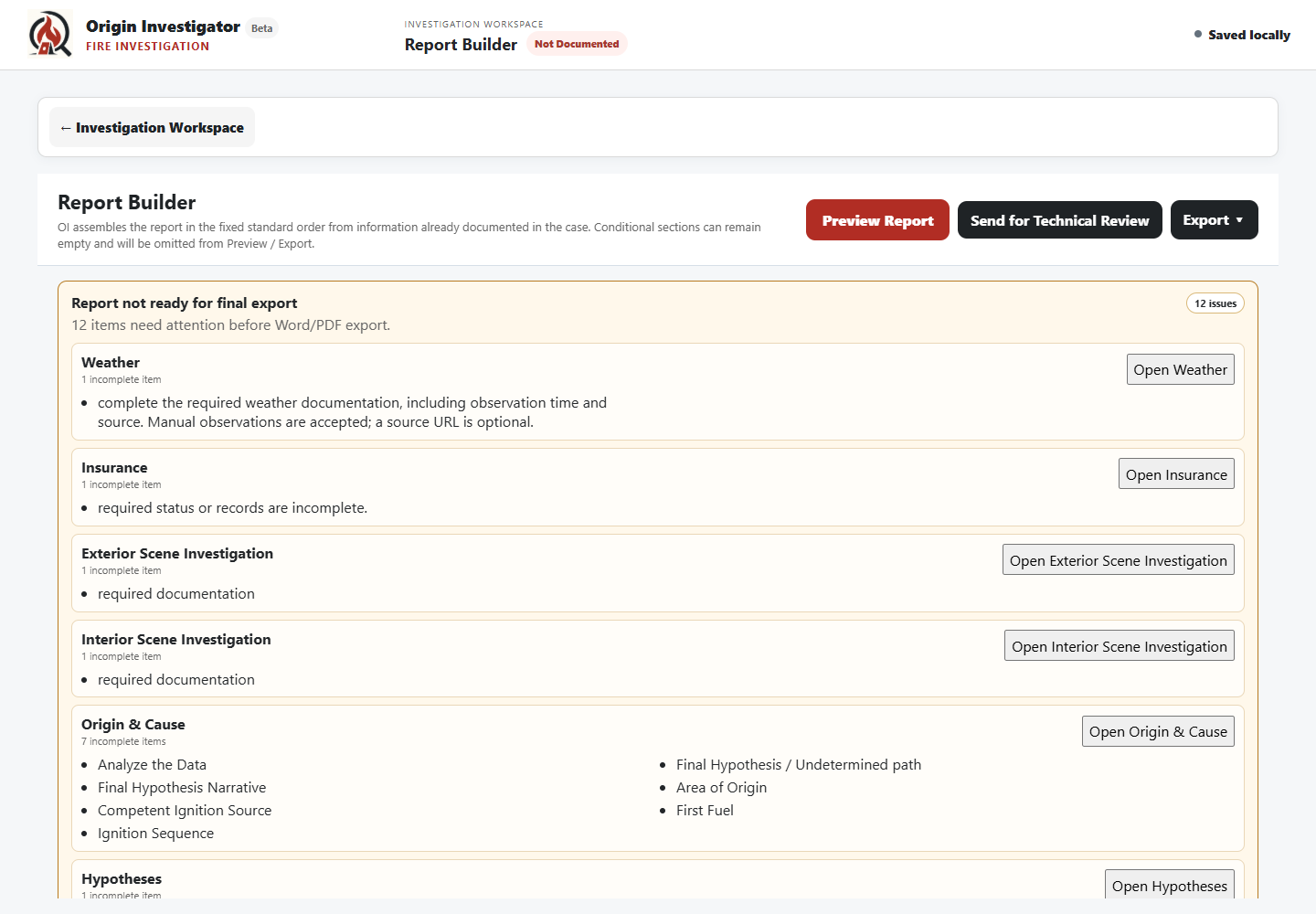 Origin Investigator Report Builder for a blank demonstration case